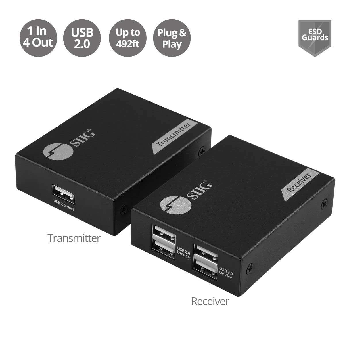 SIIG Extender USB 2.0 a 4 porte, 150 m su cavo Cat6/7, cavo Cat5e fino a 100 m, Plug and Play, trasferimento ad alta velocità, per PC, sorveglianza, videoconferenza, gioco (JU-EX0411-S1)