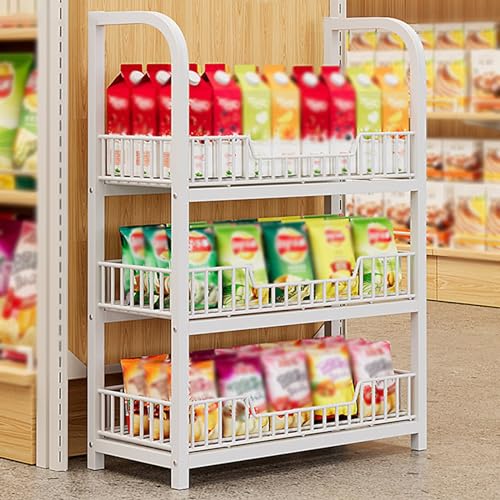 Organizador de Alimentos de 3 Niveles, Expositor de Dulces Blanco, Soporte para refrigerios, supermercados, dispensarios, despensas, comercios/hogares, Cesta de Alambre de Metal con Frente Abierto.