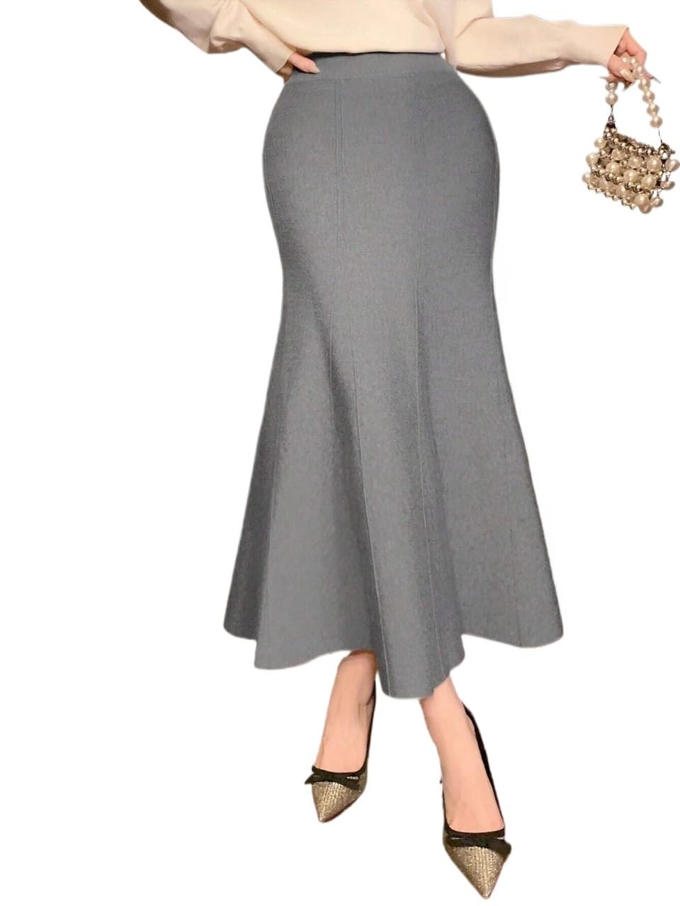 Elegant Solid Color Hem Sweater Long Skirt Womens Basic Versatile Trendy Skirt