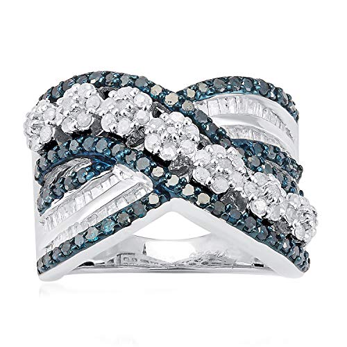 Sterling Silver with Genuine Blue and White Diamond Multi Row Ring