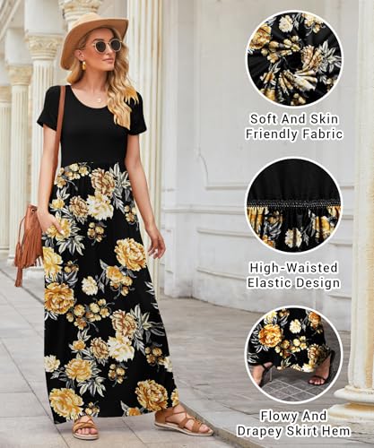 Image of EUOVMY Women's Short Sleeve Loose Plain Maxi Dresses Casual Vacation Long Dresses with Pockets