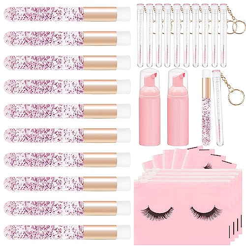 Mekupeu Lash Shampoo Brush Set - 10pcs Crystal Cleansing Brush, 10pcs Disposable Tube Mascara Wands, 3pcs Empty Shampoo Bottles for Extensions Aftercare