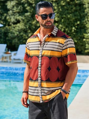 Runcati Mens Short Sleeve Shirts Button Down African Traditional Pattern Dashiki Shirt Casual Vintage Floral Hippie Tops3