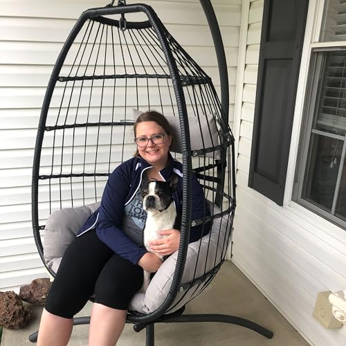 Sunnydaze Oliver Resin Wicker Hanging Egg Chair with Gray Cushions and Steel Stand - 265-Pound Weight Capacity - 76 Inches H - Image 9