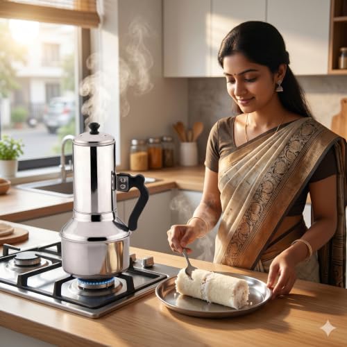 Image of Nakshathra Stainless Steel Puttu Maker with Bakelite Handle, Steamer, ideal Puttu Kudam for Induction & Gas Stove, Toxin Free Material (Medium)