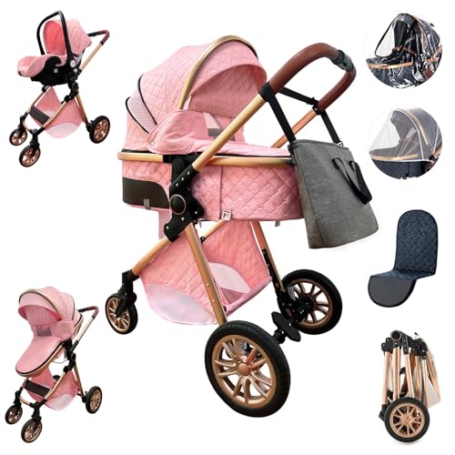 Zkiprm Carrito Bebe 3 en 1, Carrito Bebe Portátil Plegable con Un Clic, 3 Piezas con Silla de Auto y Capazo Giratorio, Mayor Calidad Alto Marco de Aluminio Conjunto Paisaje Carrito de Bebe, Rose