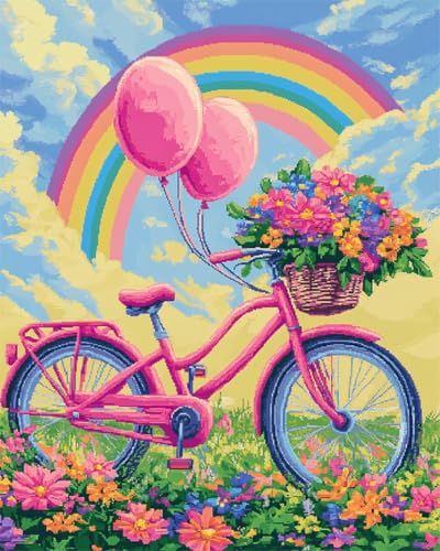 Bellissimo arcobaleno Kit Gancio di Chiusura Tappeto,Palloncino a forma di cestino di fiori per bicicletta,DIY appeto per Uncinetto Latch Hook Rug Kit Eegalo Creativo per la casa e il divano,55x75cm