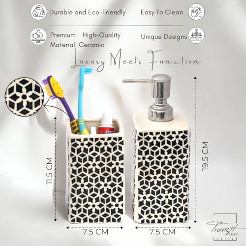 Image of Hand-Painted Ceramic Bathroom Accessories Set of 2 | 300ml Liquid Soap Dispenser & Toothbrush Holder | Rust-Proof Bathroom Organizer for Home & Wash Basin Decor | Black & White
