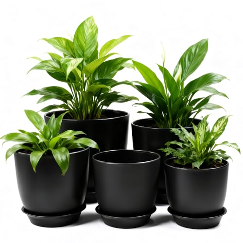 Huucozn Maceta con Platillo, 5 PCS Macetas para Flores y Plantas ø18/16/14/12,5/11,5cm, Macetas Negras Plastico, Maceta con Agujeros de Drenaje para Plantas de Interior, Planta de Jardín y Suculentas
