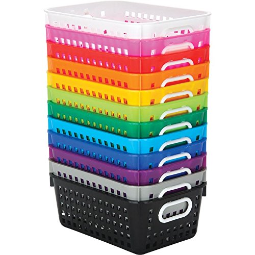 Really Good Stuff Rectangle Book Baskets â€“ Set of 12, Rainbow Colors â€“ Organize Books and More with Durable, Plastic Mesh Baskets â€“ Easy to Clean, Nestable