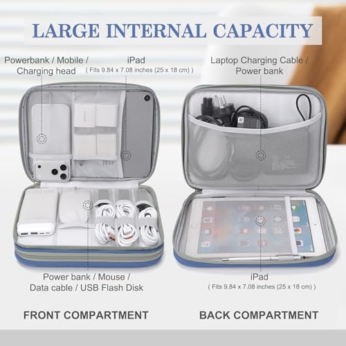 Image of FYY Electronic Organizer, Extra Large Travel Cable Organizer Bag Pouch Portable Waterproof Double Layers All-in-One Storage Bag for iPad, Cable, Power Bank, Laptop Charger for Office, Blue-Pattern