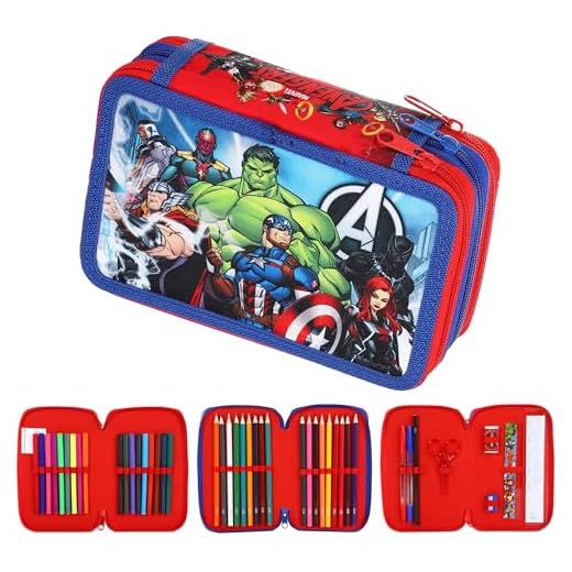 Estuche con relleno de Los Vengadores para niños, 3 compartimentos con cremallera con bolígrafos, lápices, regla, tijeras y más, juego de papelería de los Vengadores para niños y niñas, estuche de