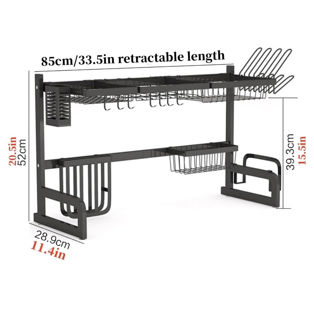 Lar - Scolapiatti regolabile sopra il lavello, a due ripiani, in acciaio inox, da 85 cm a 90 cm, con supporto Hoo e tagliere, per piatti e piatti