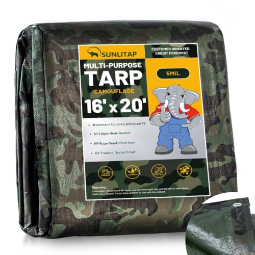 SUNLITAP 16x20Ft Large Multipurpose Waterproof Poly Tarp Cover, Camo, 5 Mil by SUNLITAP - Used condition - US$28.57
