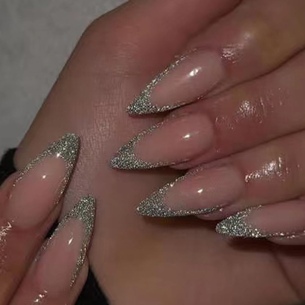 Silver French Tips Fake Nails - Glossy Glitter Manicure