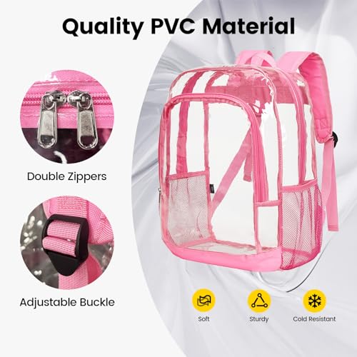 Image of Vorspack Clear Backpack for School, 16 inch Large Clear Bookbag - Pink | See Through Transparent Backpack for Girls Boys, 17L Large Capacity, PVC Materials, Padded Straps, Ideal for College, Work
