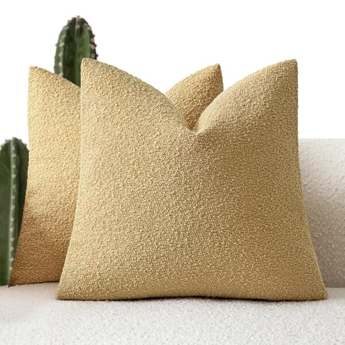 Image of Foindtower Set of 2, Decorative Textured Boucle Throw Pillow Covers Accent Solid Pillow Cases Neutral Couch Cushion Case for Chair Sofa Bedroom Living Room Home Decor 24x24 Inch Light Yellow