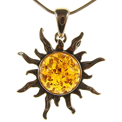 BALTIC AMBER AND STERLING SILVER 925 SUN PENDANT NECKLACE - 14 16 18