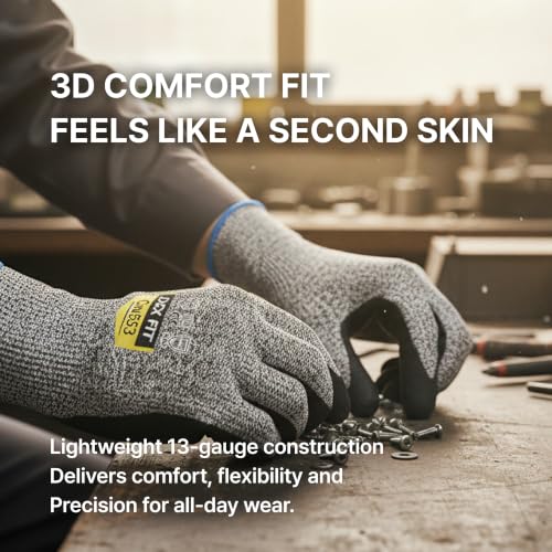 Image of DEX FIT Level 5 Cut Resistant Gloves Cru553 Anti-Static, 3D Comfort Fit A5 Safety Work Gloves with Grip, Thin Touchscreen Gloves for Warehouse, Package Handling, Glass Handling, BlackGray, M, 12 Pairs