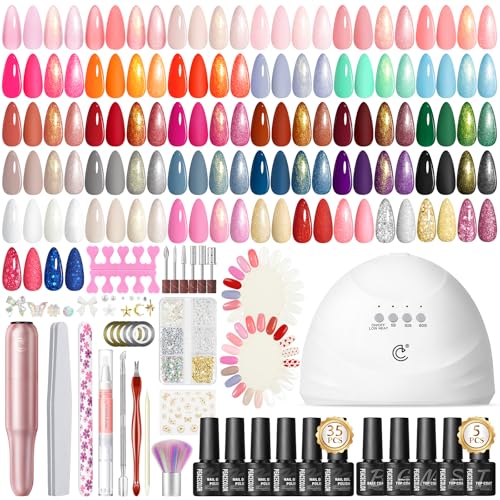 PEACECOLOR 58PCS Gel Nail Polish Set: 35+5 Colours Nail Gel Polish with Drill and Lamp White Pink Red Nail Kit Glossy Matte Glitter Base Top Coat Salon Full Tools Set for Gifts