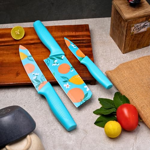 Image of Professional Piece Kitchen Knife Set - High Carbon Stainless Steel Chef, Utility & Santoku Knives with Ergonomic Blue Handles Knife (Blue, 3 piece)