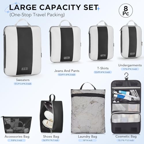 Image of OlarHike 8 Set Compression Packing Cubes for Travel Essentials,Compressible Expandable Space Saver Bags for Organizing Clothes,Luggage Suitcase Garment Bags with Over 1000 pcs Mesh Holes(Black)