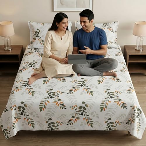 Image of Mafatlal 186 TC Metro Cotton King Size Bedsheet | 108 x 108 Inch|Soft, Breathable & Lightweight | Includes 2 Pillow Covers| Bamboo Green 2