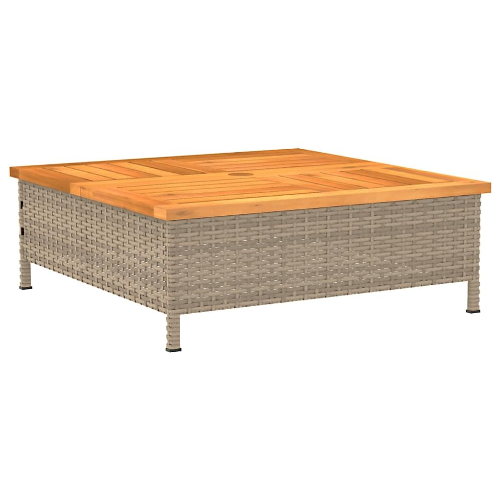 Stół ogrodowy, beżowy, 70 x 70 x 25 cm, z otworem na parasol przeciwsłoneczny z rattanu PE i drewna akacjowego, stabilna rama stalowa na taras i do ogrodu