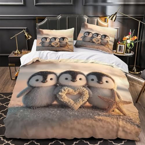 YVASPQRTW Lindo trío de pingüinos 3D Impresión Funda de edredón 3pz Microfibra Cremallera Oculta Escena de Playa de Dibujos Animados Edredón Funda 2 Fundas antidesvanecimiento Adultos Parejas