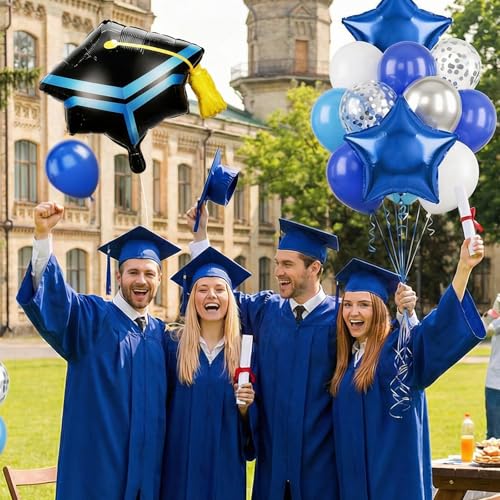 Image of Blue Silver Graduation Balloons, Royal Light Blue Silver White Confetti Balloons, Cap Star Grad Foil Balloon for 2026 Graduation Decorations Celebration Party Supplies