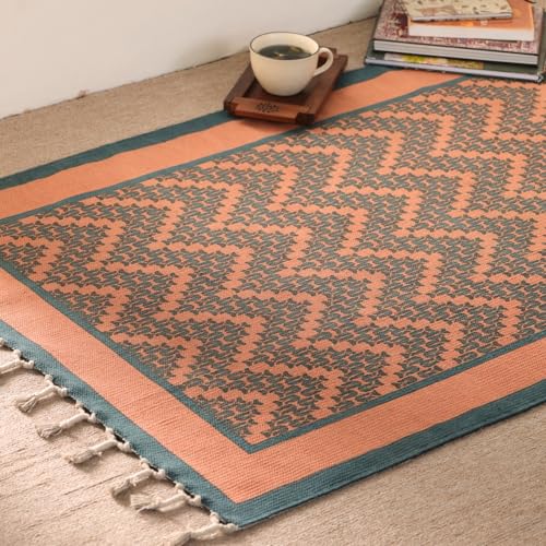 Image of Peepul Tree Handmade Pure Cotton Rugs for Living Room | Multipurpose Carpet for Hall, Bed Room and Corridor | Floor Rugs | Sustainable Dhurrie Rugs | 3x5ft | Teal and Coral | Chintz Collection