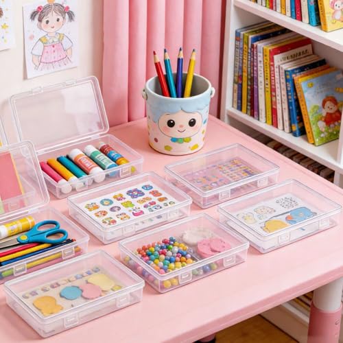 Image of Goodma 8 Pieces Rectangular Empty Mini Clear Plastic Organizer Box | 195 x 113 x 30 mm, Hinged Lids, For Small Items, Craft Projects