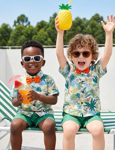 Image of JunNeng Toddler Baby Boy Shorts Sets Hawaiian Outfits,Summmer Hawaiian Shirt+ Elastic Shorts Vacation Clothes