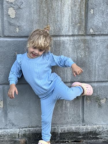 Image of Arshiner Toddler Girl 2Pcs Ribbed Knit Clothes Ruffle Trim Long-sleeve Pullover Sweatshirt and Leggings Fall Outfits 1-6T