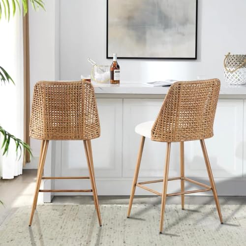 YLKHOME Silla de Bar Rattan Set de 2, Taburetes de Altura para Barra, Moderno con Respaldo de Rattan PE y Asiento Suave, Sillas Altas para Cocina miniatura 6