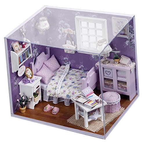 Ogrmar Wooden Dollhouse Miniatures DIY House Kit with Cover and Led Light-Sweet Sunshine