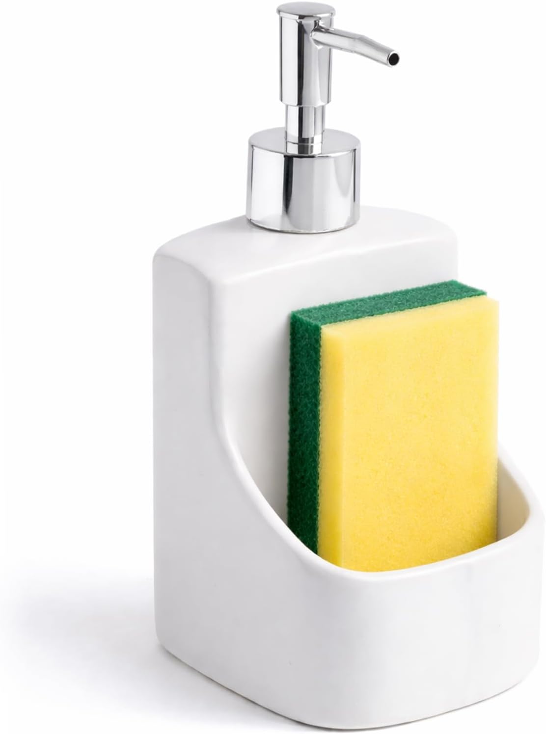 2 in 1 Soap Dispenser with Sponge Holder, Ceramic Kitchen Soap Dispenser with Built-in Organizer, Countertop Sink Caddy for Dish Soap or Hand Soap, Bathroom Kitchen Storage (Black)