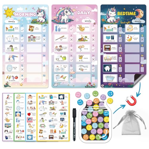 Image of JJPRO Magnetic Bedtime /Morning /Daily Reward Routine Chart for Kids with Reward Jar-Bedtime Routine Chart,Reward Jar for Kids,Daily Checklist Reward Chart for Toddlers,Visual Schedule Board -Unicorn