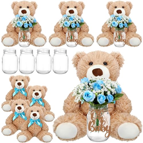 Sliner 4 Sets Blue Bear Centerpieces for Baby Shower Decorations Baby Shower Table Centerpieces with Bears Mason Jars Roses Bouquet Tags Burlap Rope for Gender Reveal Birthday Party Decoration