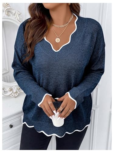 Image of MakeMeChic Women's Plus Size Scalloped Trim Cozy Sweater Cute Pullover | V Neck, Long Sleeve, Oversized, Comfy, Light, Fall Sweaters