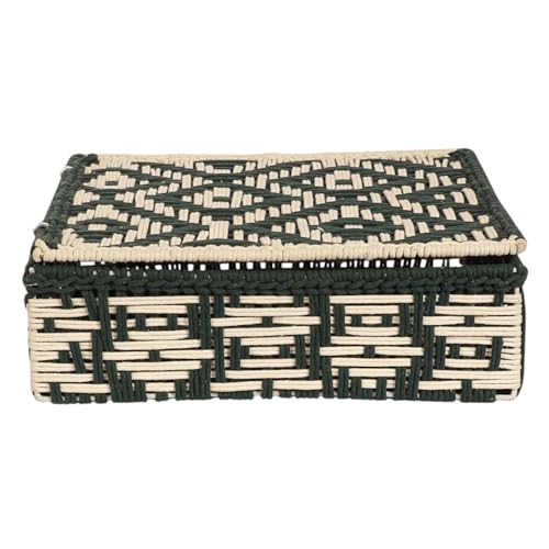 Image of Kaahira Handmade Decorative Storage Box and Organiser | Macrame Gift Hamper Box for Cosmetics, Toiletries & Return Gifts | Aesthetic Rope Woven Organizer (Green and White, Large - 14x10x4 inches)