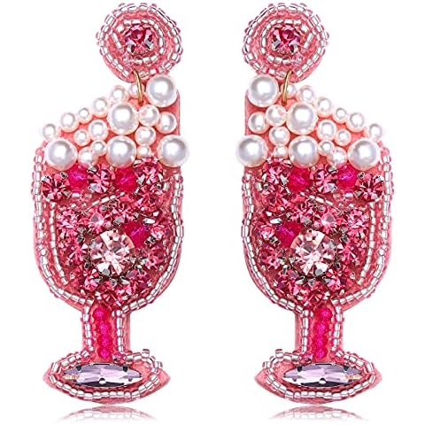 Colorful Beaded Drop Earrings Handmade Pearl Crystal Bottle Red Wine Glass Earrings for Women Girls Holiday Parties Gifts Cover