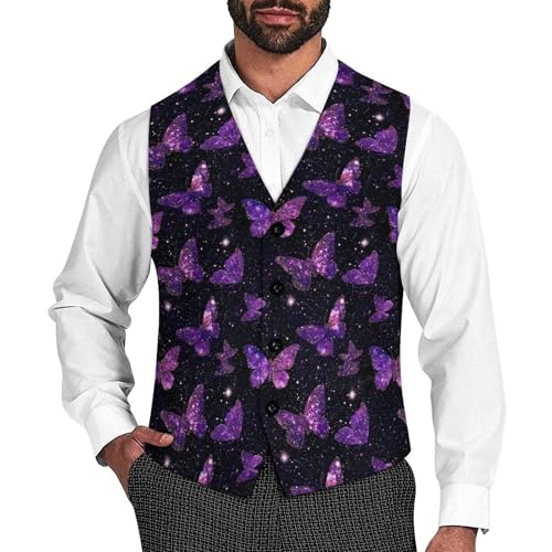 Glitter Butterfly Galaxy Suit Vest for Men Waistcoat Dressy V Neck Button Down Sleeveless Business Jacket Coat
