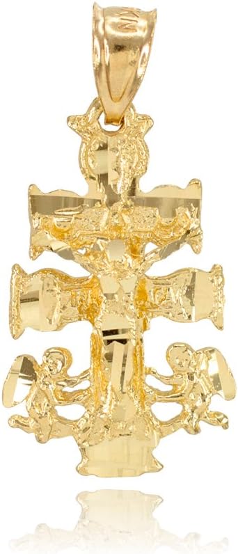 Religious Jewelry 10k Yellow Gold Caravaca Double Cross with Angels Crucifix Pendant