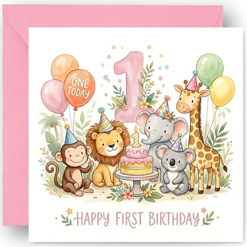 1st Birthday Card for Girls - One Today 1 Year Old - African Animals Design - Happy First Birthday Greeting Card for Daughter Granddaughter Niece - Includes Pink Envelope 14cm