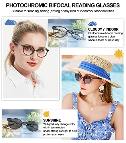 Image of OCCI CHIARI Photochromic Bifocal Reading Glasses Womens Round Blue Light Blocking Readers 1.0 1.5 2.0 2.5 3.0 3.5 4.0 (Tortoise +100)