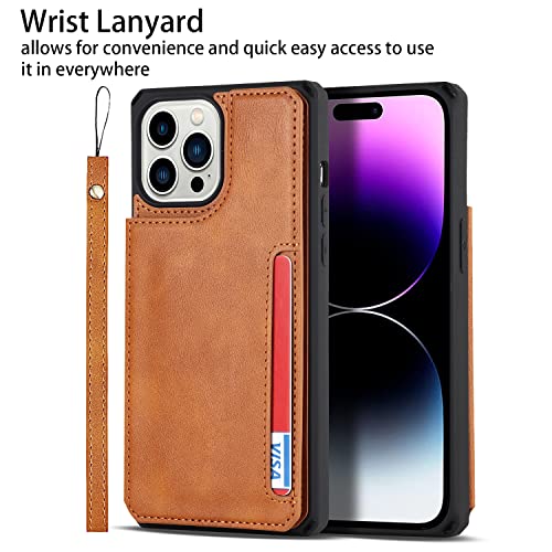 Image of Cavor for iPhone 14 Pro Case with Card Holder,for iPhone 14 Pro Wallet Case for Women Men,Phone Case for iPhone 14 pro with Stand Credit Card Holder, Leather Strap Shockproof Cover-Light Brown
