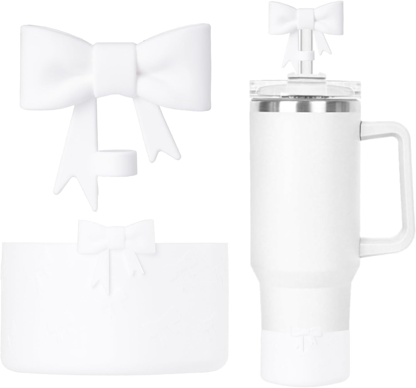 ROYALTY ESSENTIALS Silicone Boot Tumbler Protective Silicone Boot Boots for Stanley Water Bottles Cute Anti-Slip Sleeve Cover Water Bottles Fits 2.8-2.95" Base (White Bow and Straw Topper) — image 1
