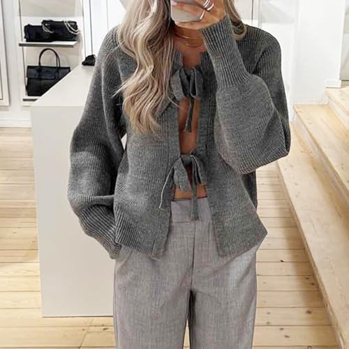 Image of Y2k Girls Tie Front Knitwear Cardigan Top Women Long Sleeve Open Front Knitted Crop Cardigan Sweater Streetwear