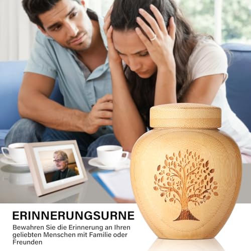 Kleine Urne für Menschliche Asche aus Bambus - Mini Andenken Mit Eingraviertem Lebensbaum-Muster für Menschen und Haustiere (Baum des Lebens, 1 Stück)